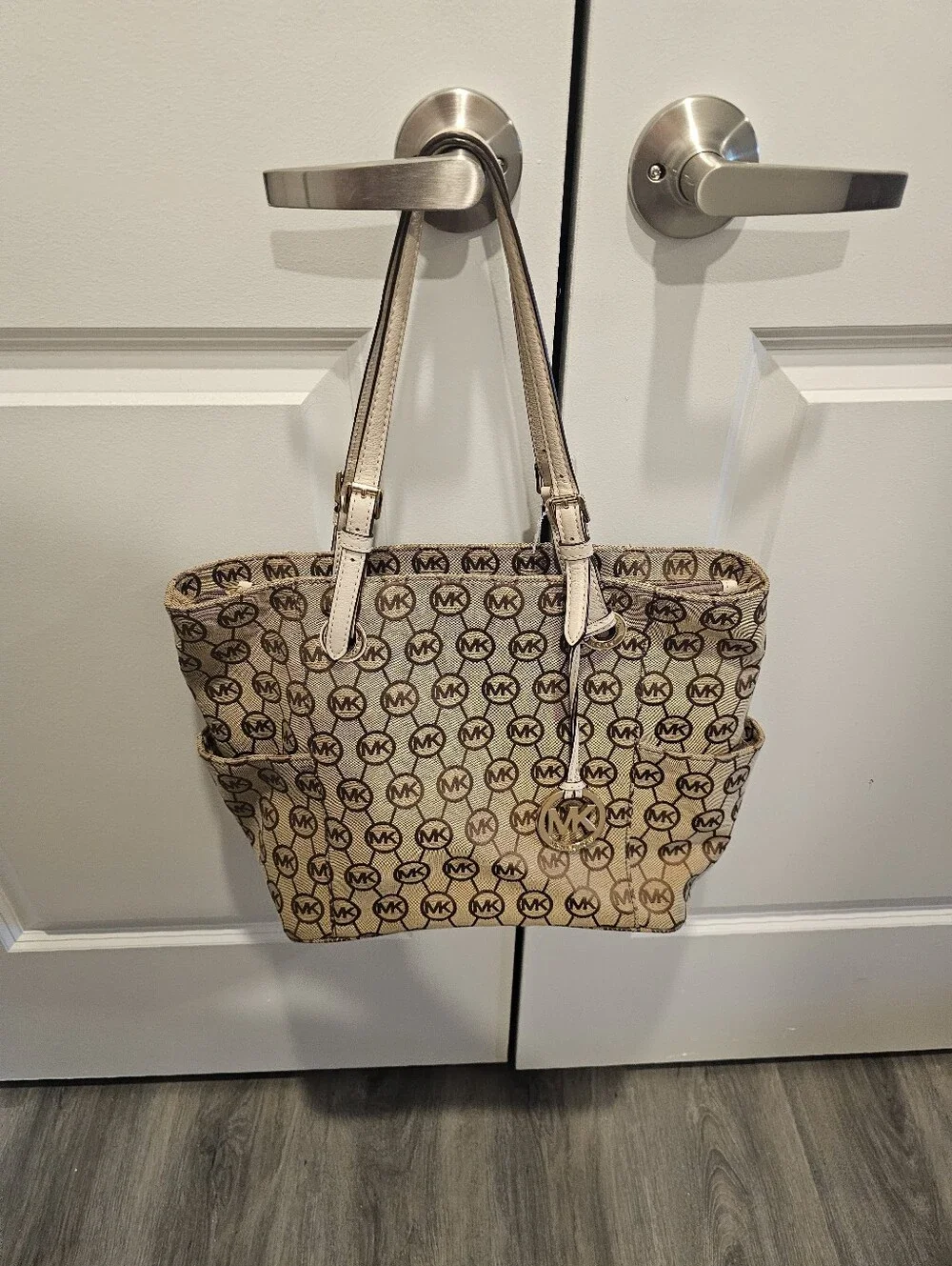 Michael Kors Tan Logo-Print Canvas Tote with Gold Charm